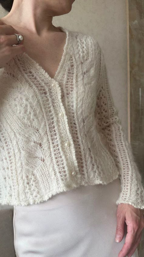 White Cardigan Knitting Pattern, White Sweater Knit, Knitted Lace Cardigan, Knit Eyelet Pattern, Knit Lace Stitches, Crochet Sweaters Women, Lace Knitting Sweater, Knit Lace Cardigan, Hand Knitted Sweaters For Women