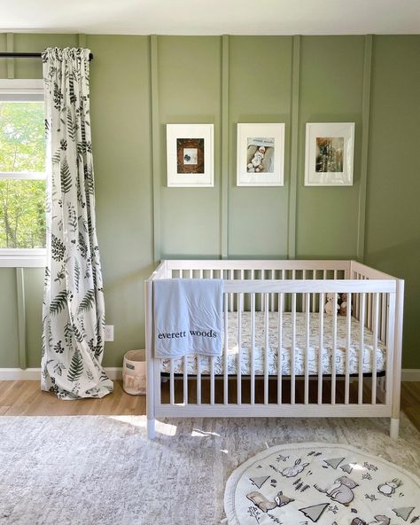 This woodsy nursery has all the elements of a nature-inspired design: a green accent wall, tree-themed decor, and a Gelato Crib in Washed Natural. The window overlooking the forest doesn’t hurt either. 🪟🌲 📸: @natxliewoods on IG Crib On Window Wall, Accent Wall With Window, Gelato Crib, Woodsy Nursery, Green Accent Wall, Nursery Accent Wall, Wall Tree, Green Accent Walls, Modern Crib