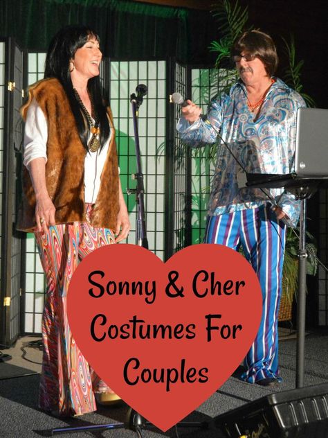 Sonny And Cher Halloween Costumes For Couples Are Far Out, Man!  #60s #costumesfor couples Sonny Cher Costumes, Sonny Cher Halloween Costume, 60s Couple Costume, Sonny And Cher Costume Halloween Diy, Sunny And Cher Costume, Sonny And Cher Outfits, Sonny And Cher Costume Halloween, Sonny And Cher Costumes, Sonny And Cher Costume