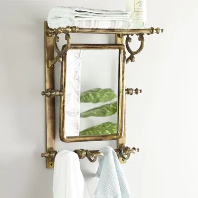 THE MASTER BATHROOM | Shop Sales Events Antique Farmhouse Brown Bathroom Walls, Copper Bathroom, Wall Shelf Decor, Brown Bathroom, Brass Bathroom, Wall Rack, Copper Wall, Rectangle Mirror, French Twist