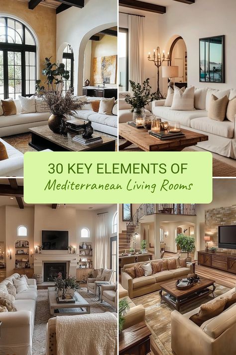 Transform your living space with timeless Mediterranean style. This guide presents 30 essential features focusing on warm tones, natural textures, and simple elegance. From rustic wooden beams to patterned textiles, explore how to integrate these elements for a cozy atmosphere. Learn to use color and light effectively, incorporating carefully chosen décor to enhance your cultural roots in design. These practical tips will help anyone looking to create a welcoming, sunny space that embodies the effortless charm of Mediterranean aesthetics. Mediterranean Decor Style, Mediterranean Homes Interior Living Room Designs Tuscan Style, Mediterranean Homes Interior Living Room Designs, Living Room Modern Mediterranean, Tuscany Modern Interior, Modern Tuscan Decor Living Room, Mediterranean Cottage Interior, Italian Living Room Aesthetic, Tuscan Farmhouse Living Room