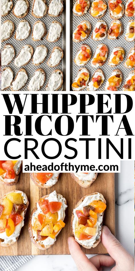 Baguette Side Dish, Toppings For Baguettes, Bruchetta Appetizers Ricotta, Whipped Ricotta Bruschetta, Baguette Toppings, Baquettes Toppings, French Baguette Recipe Appetizers, Ricotta Crostini Appetizers, Whipped Ricotta Crostini