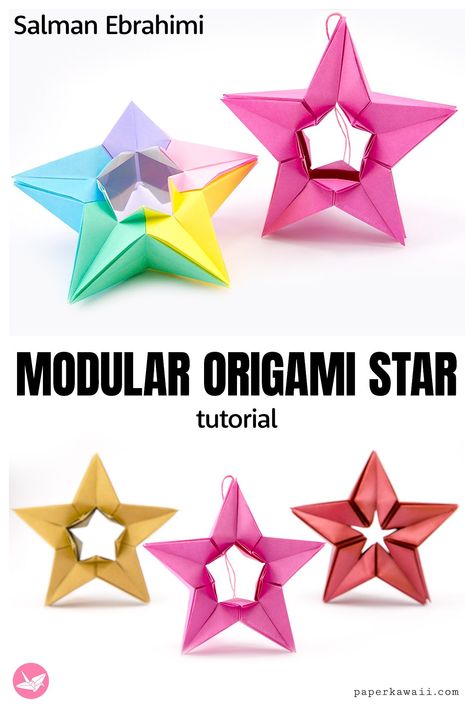 origami-modular-star-tutorial-paper-kawaii-pin Puffy Stars Origami, Mini Paper Stars Tutorial, Paperstar Origami, Origami Star Tutorial, Origami 3d Star, Modular Origami Instructions, Paper Kawaii, Origami Ornaments, Star Tutorial