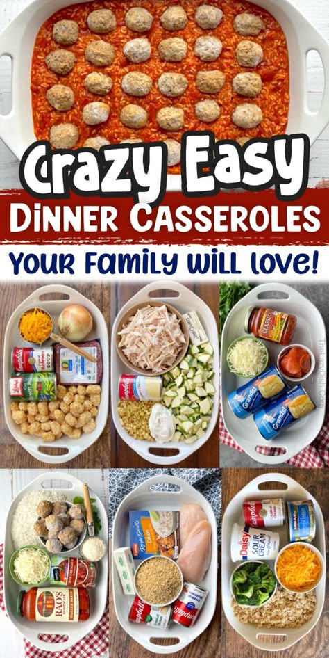 If you don't like spending all night in the kitchen cooking and cleaning, you've got to add this list of quick and easy meals to your dinner menu. I’ve rounded up a list of quick and easy dinner casseroles that are made with just a handful of ingredients and take less than 10 minutes to prepare! A lot of these simple recipes are dump and bake meals that only require a little bit of mixing while the oven does the hard work for you. Easy Weekly Meal Plan Families, Crazy Easy Dinner Casseroles, Dollar Store Dinner Recipes, Easy Dump And Go Dinners, Poor Meals Ideas, Kid Friendly Dinners Crockpot, Quick And Easy Dinner Recipes For Family Cheap Meals, The Lazy Dish Recipes, Lazy Supper Ideas