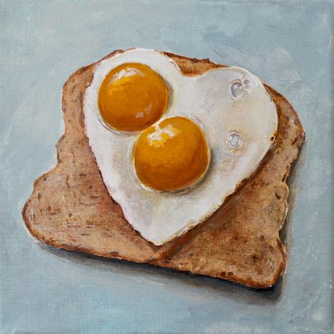 Heart-shaped Fried Egg on Toast by Heidi Loosen Toast Drawing Illustrations, Watercolor Fried Egg, Fried Egg Tattoo, Fried Egg Drawing, Fried Egg Painting, Toast Drawing, Toast Painting, Egg Aesthetic, Paint Eggs