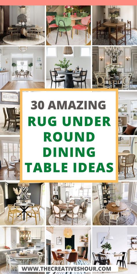 Discover stylish Rug Ideas to complement your round dining table. From patterns to textures, explore creative ways to enhance your dining space with comfort and visual appeal. Rug And Round Table, Area Rug On Top Of Carpet Dining Room, Round Dining Table Farmhouse Decor, Round Rug Under Round Dining Table, Round Dining Room Table With Rug, Area Rug For Round Dining Table, Circular Dining Table Design, Round Kitchen Table Rug Ideas, Dining Room Table Rugs