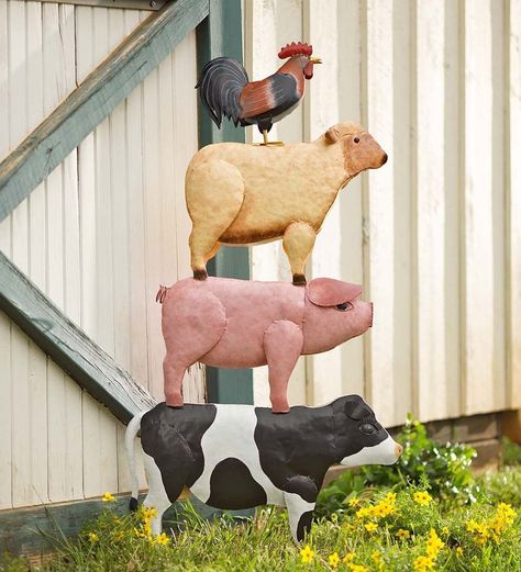 Stacked Barnyard Metal Animals Stacked Farm Animals, Pallet Art Diy, Metal Animals, The Brothers Grimm, Holstein Cows, Merino Sheep, Brothers Grimm, Barnyard Animals, Country Decor Rustic