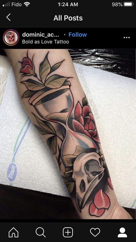 Neo Traditional Hourglass Tattoo, Neo Traditional Book Tattoo, Traditional Hourglass Tattoo, Hourglass Tattoo, Sand Clock, Traditional Books, Book Tattoo, Neo Traditional, Tattoo Style