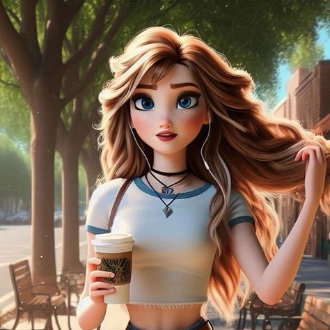 Disney Cartoon Characters Drawing, Coffee Procreate, Disney Oc, Modern Disney Princess, Disney Characters As Humans, Disney Modern, Disney Swag, Princess Makeover, Modern Disney Characters