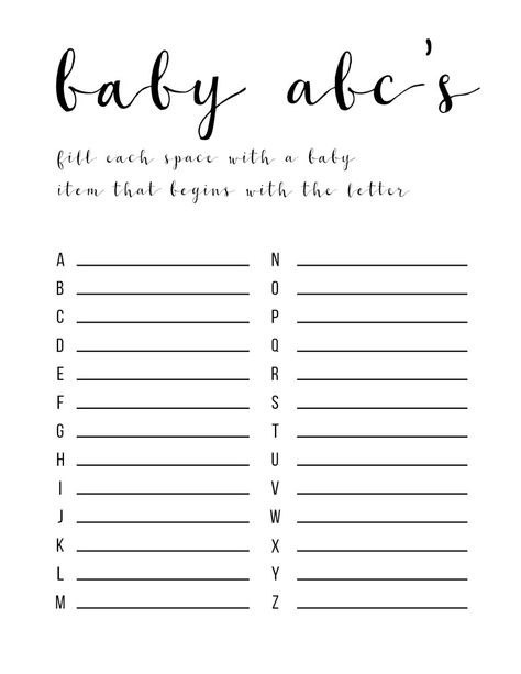 Baby Shower Games Ideas {ABC game free printable} - Paper Trail Design Baby Shower Games Ideas, Baby Abc Game, Baby Shower Games For Large Groups, Abc Baby Shower, Abc Game, Office Baby Showers, Easy Baby Shower Games, Free Printable Baby Shower Games, Free Baby Shower Games