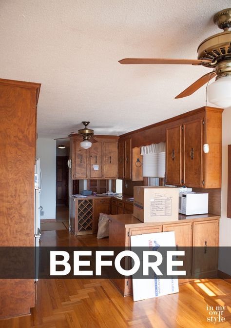 DIY Kitchen Makeover Before Paint A Ceiling Fan, Ceiling Fan Diy, 1970 Kitchen, Kitchen Ceiling Fan, Kitchen Fans, Dining Room Ceiling Fan, Diy Kitchen Makeover, 1970s Kitchen Remodel, Painting Kitchen Cabinets White