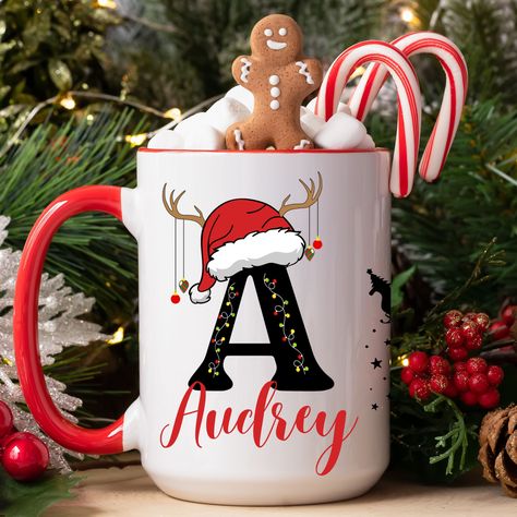 Custom Letter Name Mug, Personalized Initial Mugs, Family Keepsake ,Christmas Gift, Monogrammed Holiday Coffee Cups, Accent Coffee Mug, 11oz Initial Mugs, Personalized Christmas Mugs, Letter Mugs, Name Mug, Clay Mugs, Holiday Coffee, Side Design, Family Keepsakes, Name Mugs