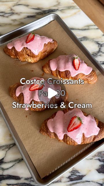 Sabrina Stavenjord on Instagram: "Strawberries & cream croissants, that is all 😛🍓🥐  4 store-bought croissants  Strawberry Purée 2 cups strawberries, quartered Juice of half lemon 1/4 cup sugar  Cream Filling 1 cup heavy cream 3/4 cup mascarpone cheese 1/2 cup icing sugar 1 tsp vanilla extract Pinch salt  Strawberry Glaze 1 cup icing sugar 2 Tbsp strawberry purée 2-4 Tbsp heavy cream  1. Bake croissants in 300F oven for 8-10 minutes. Set aside to cool completely.  2. Make strawberry purée: Cook strawberries, sugar and lemon in a saucepan over medium heat until soft and purée has thickened, about 8-10 minutes. Remove from heat and let cool before pureeing until smooth. 3. In a large bowl, whip heavy cream, mascarpone cheese, icing sugar, vanilla and salt to firm peaks. Fold in cooled stra Strawberry Cream Croissant, Strawberry Cream Filling, Strawberry Croissant, Strawberry Purée, Strawberry Glaze, Sharp Knife, Piping Bag, Cream Filling, Birthday Desserts