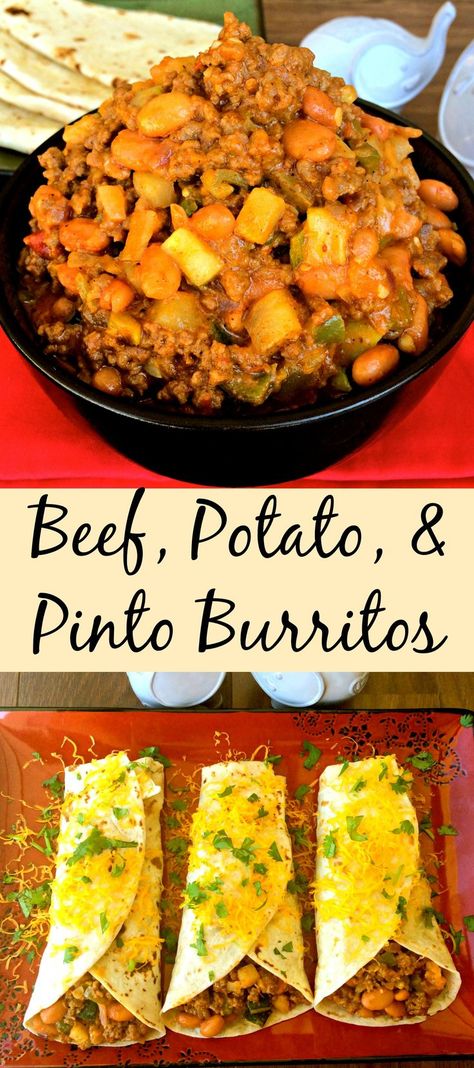 Potato Burrito Recipe, Burrito Filling, Mexican Burritos, Beef Burrito Recipe, Potatoes And Veggies, Beans Potatoes, Chorizo Tacos, Ground Beef And Potatoes, Burritos Recipe