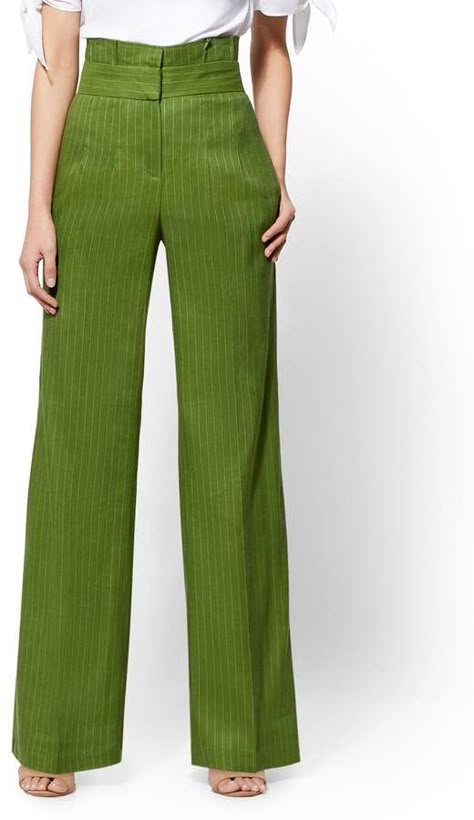 Green Wide-leg Pants With Pockets, Tailored Wide-leg Green Pants, High-waist Green Pants With Welt Pockets, Green Belted High-waisted Pants, Luxury Green Wide-leg Pants, Linen Blend Pants, Pants Women Fashion, Baggy Pants, Outfits Chic