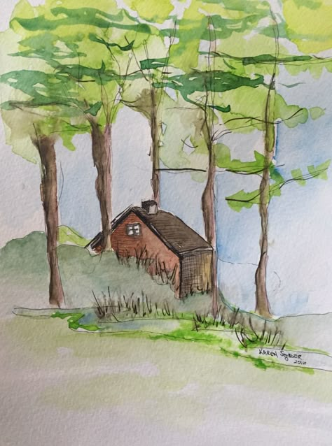 Watercolor Cabin On The Lake, Watercolour Cabin In The Woods, Log Cabin Watercolor, Watercolor Cottage Simple, Cabin Watercolor Painting, Watercolor Cabin In The Woods, Cabin In The Woods Drawing, Cabin In The Woods Painting, Watercolor Cabin