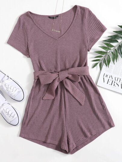 Short Sleeve Jumpsuit, Knit Romper, Traje Casual, Short Sleeve Jumpsuits, Short Sleeve Romper, Knitted Romper, Belted Shorts, Cute Rompers, Knit Short