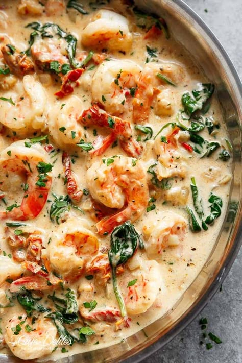 Sun Dried Tomatoes And Spinach, Tuscan Shrimp, Creamy Shrimp, Cafe Delites, Shrimp Dinner, Shrimp Dishes, Sun Dried Tomatoes, Think Food, Creamy Garlic