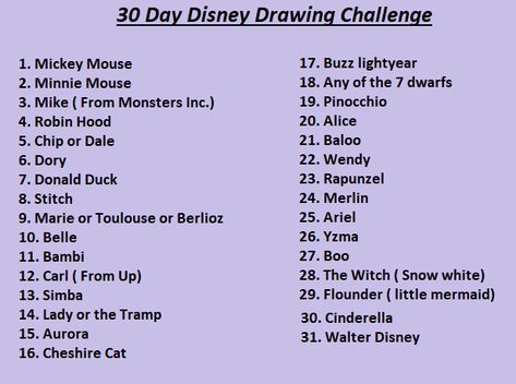 Disney Drawing Prompts, 30 Day Disney Drawing Challenge, Disney Art Challenge, Digital Art Challenges For Beginners, Disney Drawing Challenge, 30 Day Art Challenge, Art Journal Challenge, Disney Drawing, Disney Challenge