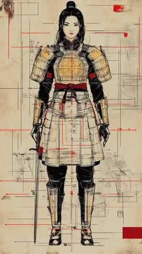 ↑↑↑ Larger size on website 🔸 The image shows a female warrior in traditional samurai armor standing against a background of archi Japanese Warrior Aesthetic, Samurai Armor Drawing, Japanese Warrior Woman, Warrior Outfits Female, Samurai Reference, Samurai Female, Naruto Fashion, Women Samurai, Sketchbook Collage