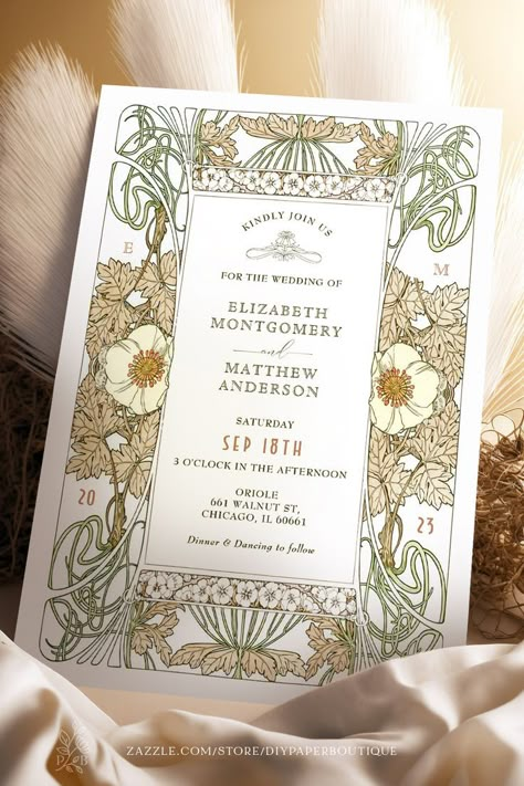 An Art Nouveau (Art Deco) wedding invitation is seen in front of a roaring 20s background. The design is inspired by Alphonse Mucha and features floral lines and classic fonts. Wedding Invititation Ideas, Art Nuevo Wedding, Vintage Nouveau Wedding, Art Nouveau Save The Date, Wedding Invite Vintage, Antique Invitations, Vintage Whimsical Wedding, Spring Vintage Wedding, Art Nouveau Wedding Decorations