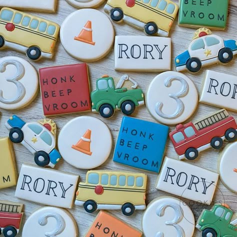 Transportation Birthday Cookies, Vehicle 2nd Birthday Party, Transportation Cookies Decorated, Transportation 3rd Birthday Party, Vroom Vroom Birthday Party, Transportation 2nd Birthday Party, Car And Truck Birthday Party, Transportation Party Ideas, Things That Go Birthday Party