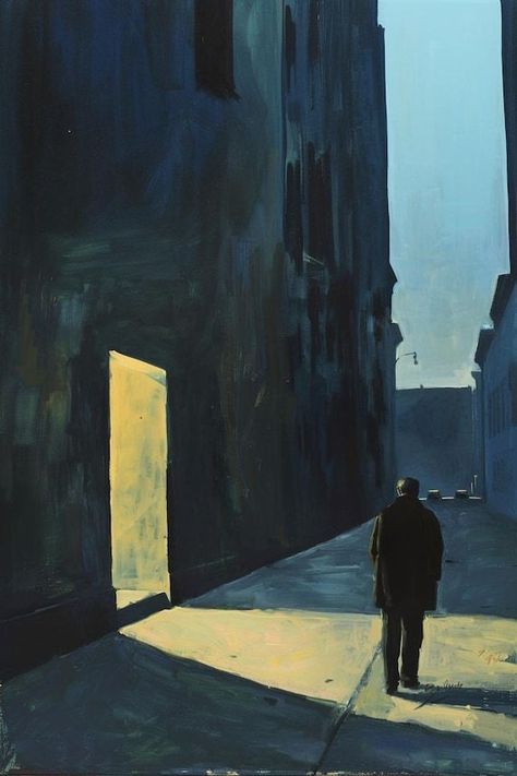 Captivating Edward Hopper Inspired Custom Canvas Print of Solitary Man in Alleyway at 3am | Unique Wall Art | Night Scene Decor by CustomCanvasCurators 🌃 Just in: 'Alleyway at 3 AM' - a striking homage to Edward Hopper's iconic style and the elusive solitude of urban life. This mesmerizing artwork captures the quiet tension of a solitary figure at night, beckoning viewers to ponder the hidden stories within city streets. The rich, muted colors and masterful play of light & shadow echo Hoppe... Edward Hopper Paintings Artworks, Interior Oil Painting, Stillness Aesthetic, Construction Artwork, Hopper Artist, Edward Hopper Art, Landscape At Night, Edward Hopper Paintings, Retro Hotel