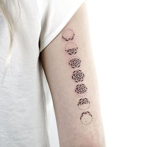 Astronomy Tattoos, Ornamental Dotwork, Mandala Wrist Tattoo, Mandala Moon, Tricep Tattoos, Dotwork Mandala, Astronomy Tattoo, Tats Ideas, Sacred Tattoo