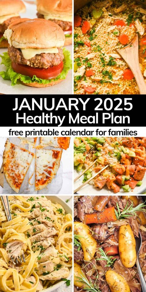 Get your free printable January meal plan calendar to create a month's worth of easy family dinners. Kid-friendly, delicious meals your family will love! Monthly Meal Planning Healthy, Week Food Plan Healthy, Easy Weekly Dinner Menu Ideas Healthy, Family Dinner Weekly Plan, 50/25/25 Meal Plan, Instant Pot Meals For One, Weekly Family Meal Plan Dinners Healthy, Family Meal Planning Monthly Menu Ideas, Month Of Meals Families