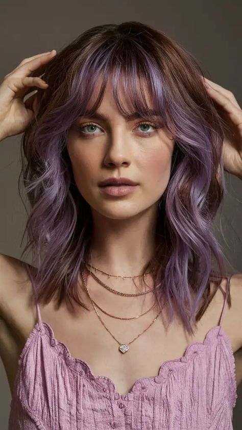 25 Deep Purple Hair Color Ideas for 2025: Stylish Shades of Plum, Violet, and Orchid for Every Length Dark Roots Colored Ends, Purple Hair Streaks Brunette, Purple Halo Hair Color, Bangs Different Color Than Hair, Purple And Light Brown Hair, Brown Hair With Purple Ends, Hair Color Curtain Bangs, Purple Streaks In Blonde Hair, Purple Bangs Hair