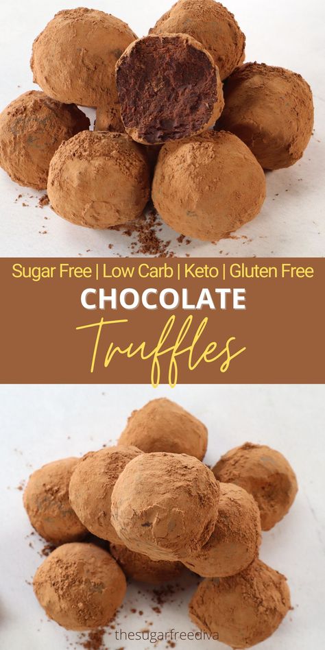 Tasty and Yummy homemade diy recipe idea for sugar free, keto, low carb, and gluten free chocolate truffles. Make this tasty chocolate candy or cookie treat for dessert, snacks, parties, holiday baking ,or gatherings. Gluten Free Fudge Rounds, Dairy Free Keto Desserts, Low Carb No Sugar Recipes, Sugar Free Truffles, Sugar Free Low Carb Desserts, Vegan Sweets Recipes, Sugar Free White Chocolate, Sugar Free Breakfast, Dessert Snacks