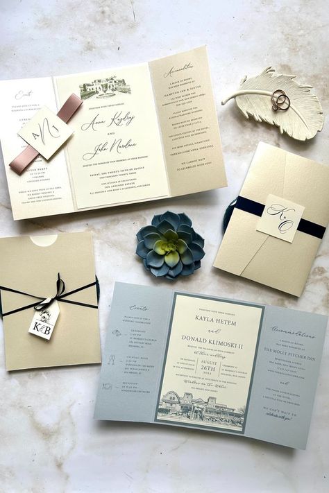 Classic hues such as ivory, cool blue, taupe & dusty rose. All shown in different styles: tri-fold invites, jacket sleeves and horizontal enclosures. Trifold Invitation, Drawing Wedding Invitation, Jacket Sleeves, Brown Wedding, Hampton Inn, Fall Wedding Invitations, Elegant Fall, Tri Fold, Dusty Rose