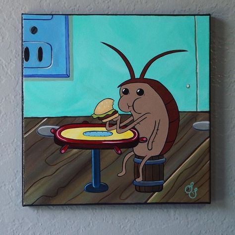 @painttress on Instagram: «Just listed on Etsy! 🍔 Sold 10”x10” Acrylic on Canvas . . Etsy.com/shop/painttress . . . . . .…» #cockroach #humberger #spongebob #art Funny Painting Idea, Spongebob Drawings, Spongebob Painting, Funny Paintings, Posca Art, Canvas Drawing, Simple Canvas Paintings, Cute Canvas Paintings, Easy Canvas Art