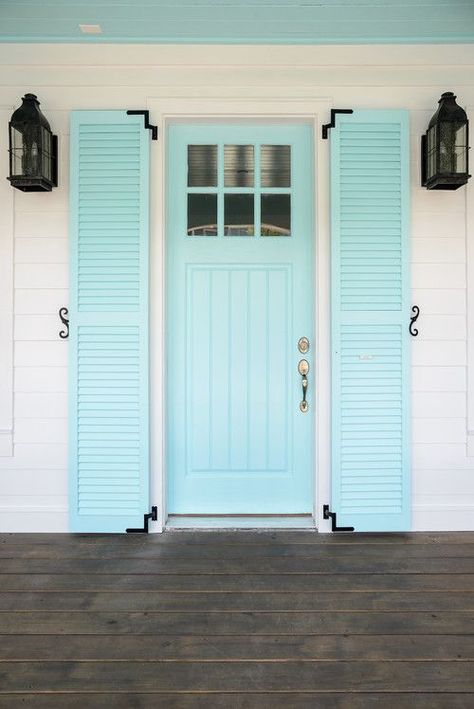 Light Blue Front Door with Shutters #frontdoor #frontporch Front Door Entrance Decor, Country Front Door, Door Shutters, Front Door Ideas, Cottage Front Doors, Garage Door Types, Green Front Doors, Blue Front Door, Front Door Makeover