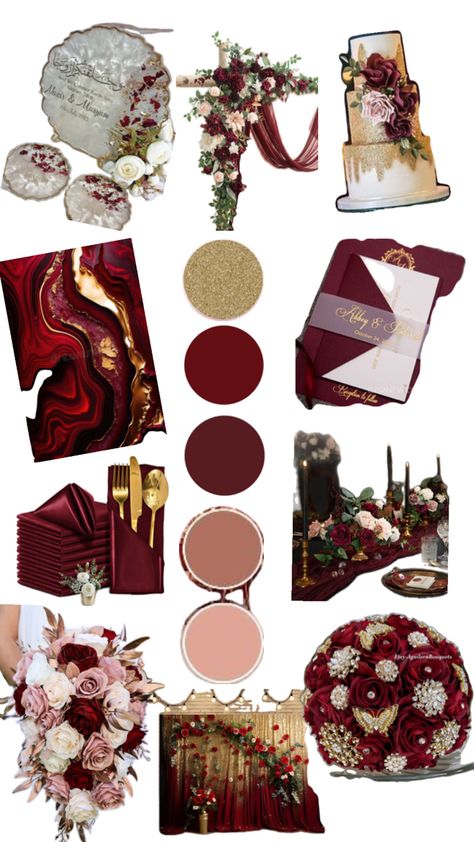 Colors Pomegranate Wedding Color, Red Wedding Theme Color Schemes, Red Color Palette Wedding, Fall Wedding Colors Burgundy, Wine Red Wedding Theme, Wine And Gold Wedding, Maroon Wedding Theme, Rose Gold And Burgundy Wedding, Red Rose Wedding Theme