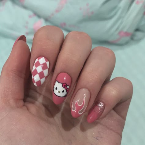 Paznokcie Hello Kitty, Hello Kitty Nails Art, Kitty Nails, Hello Kitty Nails, Almond Nails Designs, Cat Nails, Acrylic Nails Coffin Short, Homecoming Nails, Dream Nails