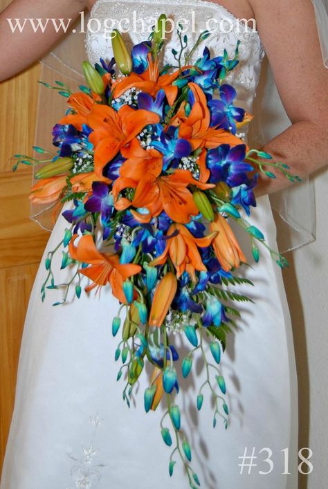 Blue Orange Weddings, Orange Wedding Bouquet, Orange Wedding Colors, Orange Wedding Flowers, Burnt Orange Weddings, Blue Wedding Bouquet, Rustic Fall Wedding, Cascade Bouquet, Blue Orchids