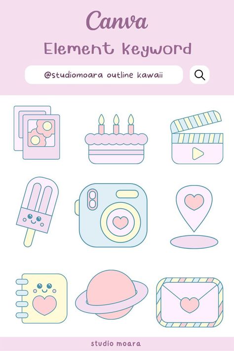 Search on canva element: @studiomoara outline kawaii #canvaelement #elementkeyword #kawaii #outlineelement #cute Canva Kawaii Elements, Canva Portfolio, Canva Free Elements, Bright Stickers, Keyword Elements Canva, Sticker Design Inspiration, Canvas Learning, Canva Element, Sticker Template