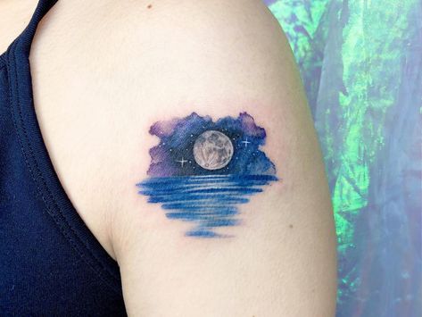 Ocean And Stars Tattoo, Ocean Tattoo Ideas, Reflection Tattoo, Circular Tattoo, Night Tattoo, Ocean Tattoo, Circle Tattoo, Circle Tattoos, Ocean At Night