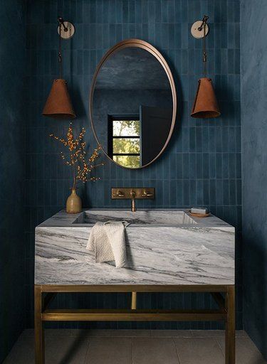 11 Blue Bathroom Backsplash Ideas That You Won't Be Able to Resist | Hunker Bathroom Backsplash Ideas, Modern Tile Backsplash, Blue Subway Tile, Vanity Backsplash, Blue Bathroom Tile, Colorful Backsplash, Blue Backsplash, Boho Bathroom, Bathroom Backsplash