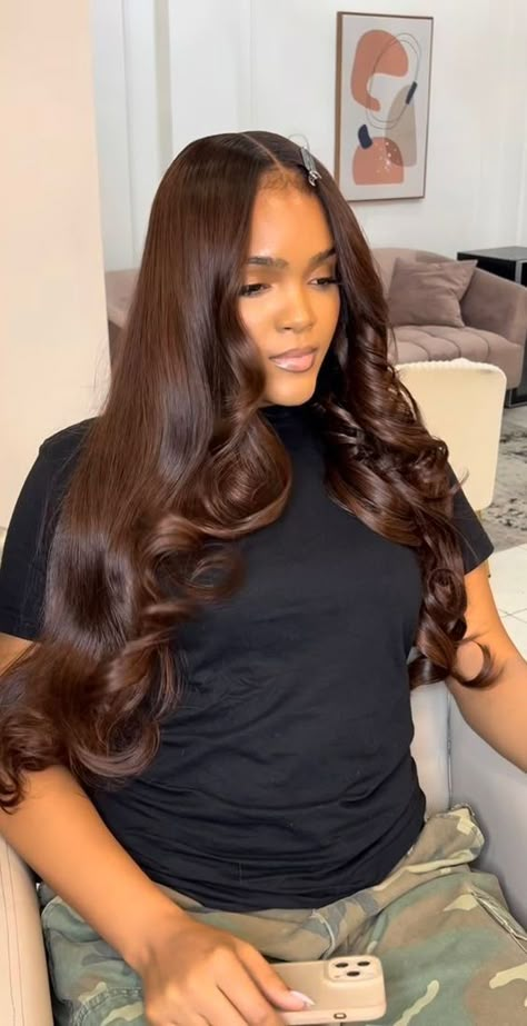 #follow #hairgoals #hair #hairstyles #beautyblog #haircolor #blogging #blogger #blog Braids With Ponytail Black Hair, Chocolate Brown Quick Weave, Brown Middle Part Sew In, Brown Closure Sew In, Color Sew In, Sew In Weave With Closure Color, 16 Inch Sew In Weave, Dark Brown Hair Black Women, Reddish Brown Hair Color On Black Women