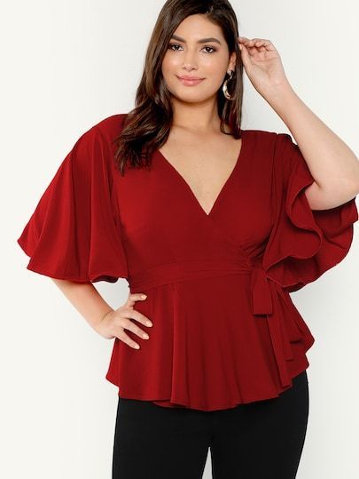 Shop Plus Flutter Sleeve Surplice Wrap Knot Top online. SheIn offers Plus Flutter Sleeve Surplice Wrap Knot Top & more to fit your fashionable needs. Knot Top, Plus Size Brands, Wholesale Shoes, Plus Size Shorts, Cheap Shoes, Wrap Blouse, Cheap Clothes, Red Blouses, Plus Size Blouses