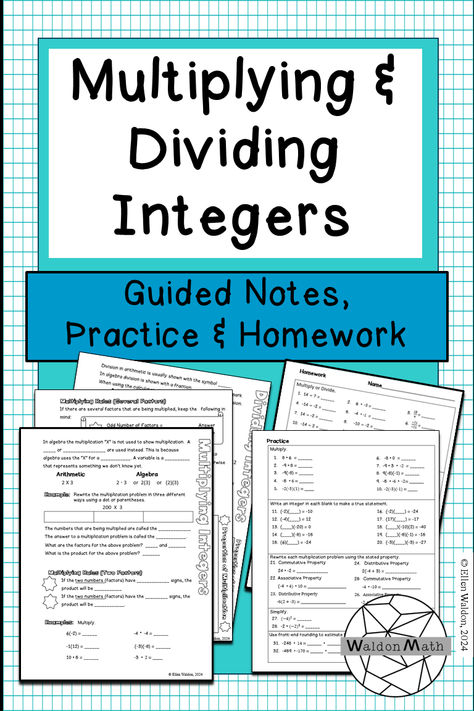 Help make your teaching prep a little easier with this package of Guided Notes, Practice Worksheets and Homework Assignments on the integer operations of multiplying and dividing. These are student friendly scaffolded notes with coordinating practice problems  that can be used for in-class practice or additional practice. Homework Assignments ready to use! See these and more at WaldonMath on TeachersPayTeachers! Multiplying Integers, Multiplying And Dividing Integers, Dividing Integers, Integer Operations, Guided Notes, Teacher Store, Homework, Educational Resources, Teachers Pay Teachers