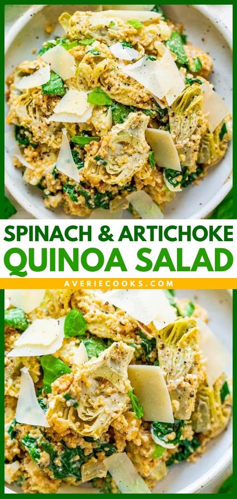 Spinach And Artichoke Quinoa Salad, spring, summer salad, side dishes, memorial day bbq Artichoke Quinoa, Memorial Day Bbq, Easy Spring Recipes, Spinach And Artichoke Dip, Easy Vegetable Side Dishes, Wholesome Recipes, Vegetable Side, Artichoke Dip, Healthy Salad