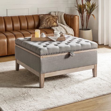 Wildon Home® Aisel Upholstered Ottoman with Solid Wood Legs & Reviews | Wayfair Farmhouse Armchair, Rocking Armchair, Plush Cushion, Velvet Living Room, Square Ottoman, Cocktail Ottoman, Ottoman In Living Room, Farmhouse Charm, Upholstered Storage