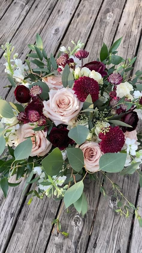 Flowers For Burgundy Wedding, Burgundy And Blush Floral Arrangements, Blush Pink And Burgundy Wedding Flowers, Pink And Maroon Flower Arrangements, Burgundy Blush Flowers, Blush Burgundy Green Wedding, Sage Green And Burgundy Wedding Cake, Berry And Sage Wedding, Fall Burgundy Floral Arrangements