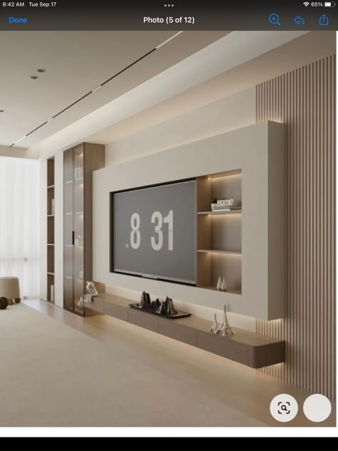 Modern Classic Tv Wall Design, Interior Design For Tv Wall, 2024 Tv Wall Design, Backdrop Tv Design, Big Tv Living Room, Wall Tv Ideas Living Rooms, Warm White Living Room, Big Tv Wall, Living Room Tv Wall Ideas