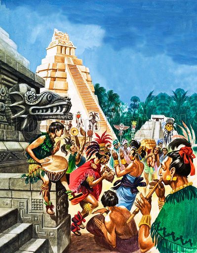 Illustration depicting the mayan civilization and culture and the importance of ceremony and rituals. Mayan Temple, Mayan Civilization, Mayan History, Mayan People, Aztec Civilization, Maya Civilization, Maya Art, Mayan Cities, Mayan Art