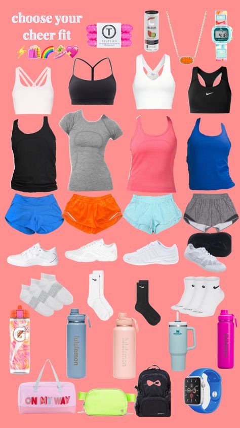 choose your cheer fit 💗 Cute Outfits With Lulu Scuba, Disney Cheer Practice Outfits, Cheer Outfit Ideas, Outfits For Cheer Practice, Lulu Outfit Ideas, Cheer Outfits For Practice, Preppy Person, Trendy Preppy Outfits, Cheer Fits