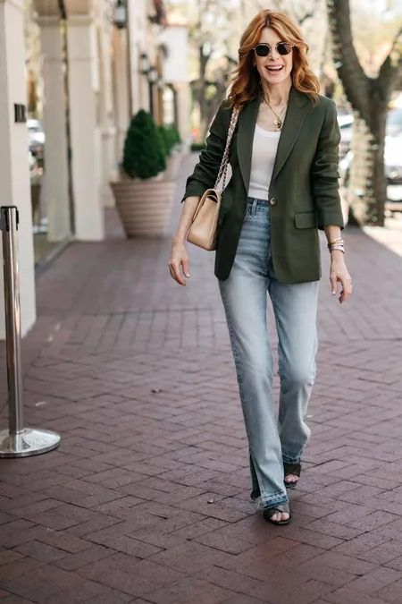 Olive Blazer Outfit, Olive Green Blazer Outfit, Khaki Blazer Outfit, Blazer And Jeans Outfit, Green Blazer Outfit, Olive Blazer, Blazer And Jeans, Olive Clothing, Olive Green Blazer